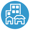Blue icon of a tall building surrounded by a shop and a house.