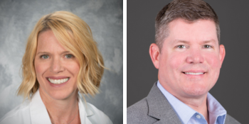 smiling blond woman and smiling beardless man