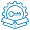 Blue icon of a key embedded in a gear rising out of a cardboard box.