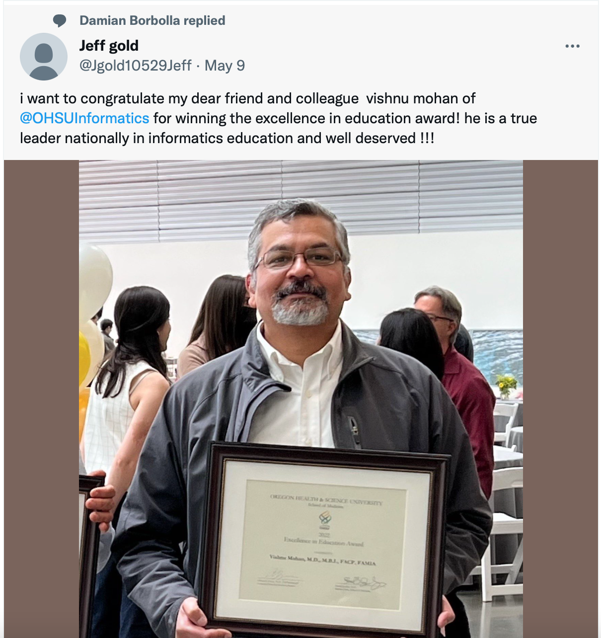 Vishnu Mohan receives Faculty Excellence Award
