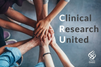 Clinical Research United text to the right of a group of hands all meeting in the middle of a circle. 博彩网站 logo in bottom right corner.