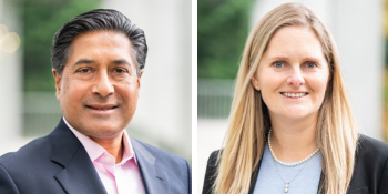 two headshots, one of a smiling man, one of a smiling woman