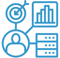 Icon of a graph and bulleye funneled in to a person funneled in to a data server. Intended to represent clinical data management.