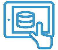 Icon of a tablet with data on the screen and a hand touching the screen.