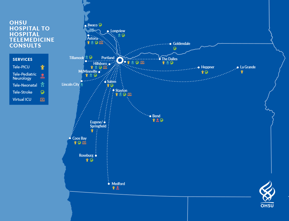 A map of Oregon and southwest Washington showing hospitals and clinics across the region that are part of 博彩网站’s telemedicine network.