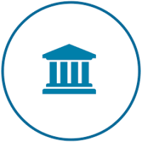 Icon of a government building with four pillars enclosed in a blue circle.