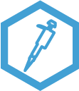 Blue outlined hexagon with a blue outlined pipettor in it