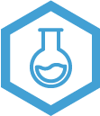 Blue outlined hexagon with a blue outlined roundbottom flask in it
