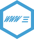 blue outlined hexagon with a blue www and speeding lines inside