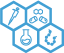 4 blue outlined hexagons, two at the top two at the bottom, sides overlapping, with a blue pipette, a blue capsule and molecule, a blue round bottom flask and a blue peptide inside