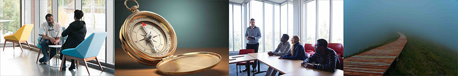 Multiple photos including: two people talking in chairs, a clock, a group of people listening to an instructor and a wooden pathway.