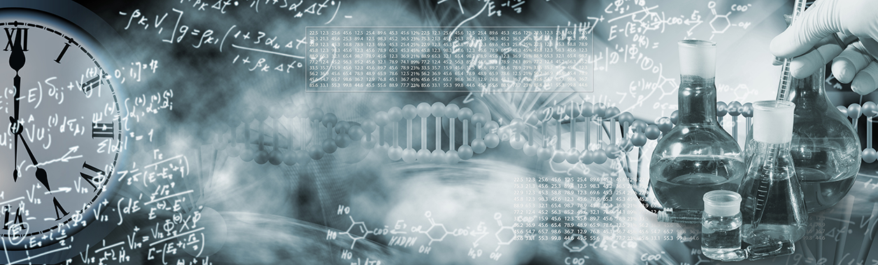 Overlay of mathematical and chemical formulas on an abstract image of dna chains, a watch dial and laboratory glassware