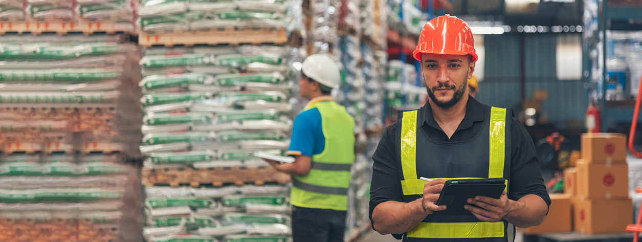 Banner Warehouse management logistics team counting checking inventory shelf.