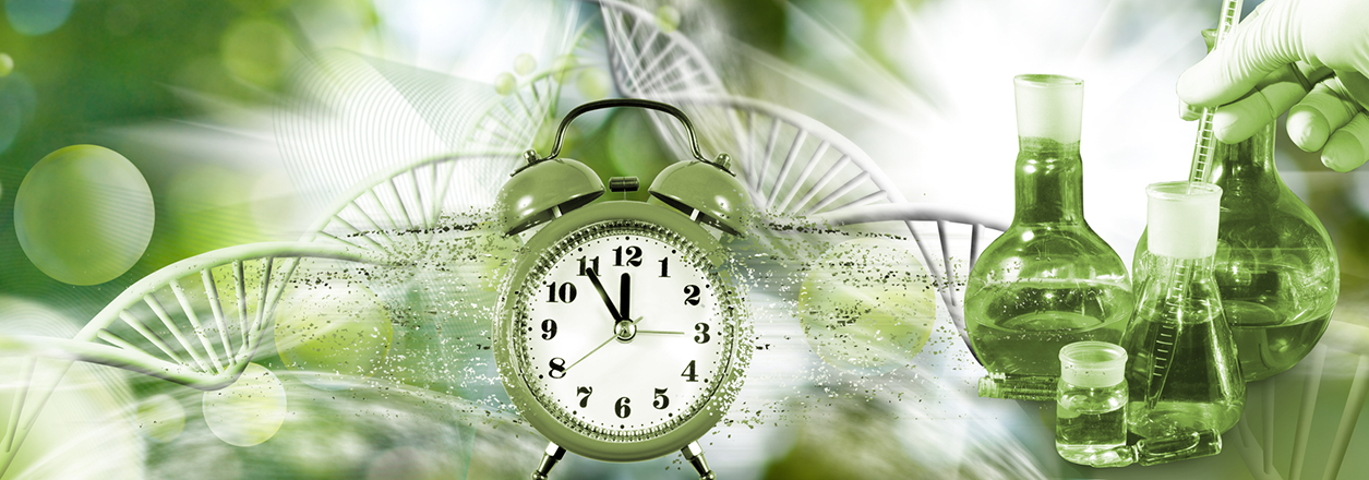 Image of an alarm clock from which small particles fly off against the background of an abstract image of DNA chains and chemical flasks and test tubes