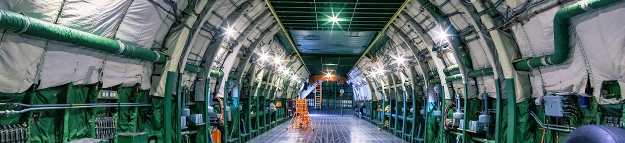 Cargo compartment of a cargo plane, commercial aviation, cargo transportation.