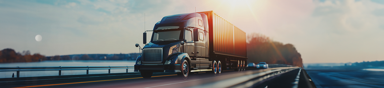 big ten wheels truck with container for logistic running on the road under the sunset, background natural river, 3d and illustrator