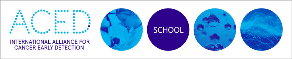 ACED logo and four circles depicting cancer research.