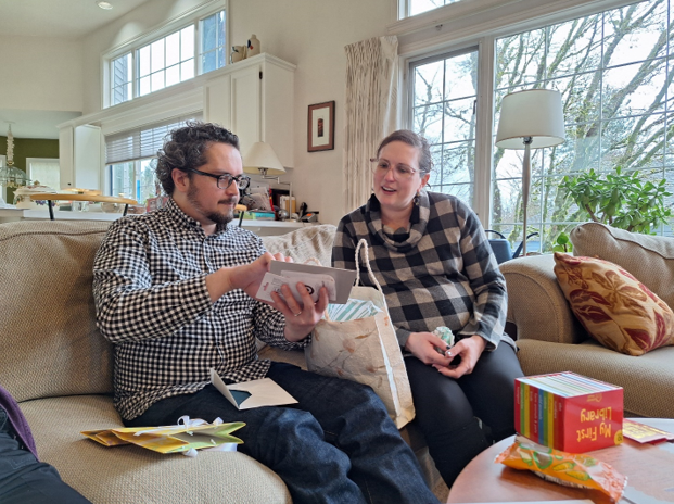 Baby shower for Camden and Marla: Checking out baby gifts!