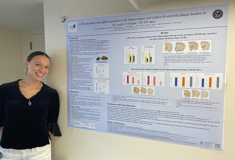Olivia Monestime  presenting a poster on immunohistochemistry of  brains from mice treated with Centella asiaticatella asiatica and Ashwagandha 