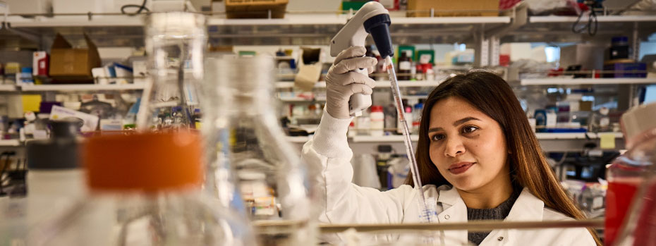 Researcher examines biological sample at a lab bench.
