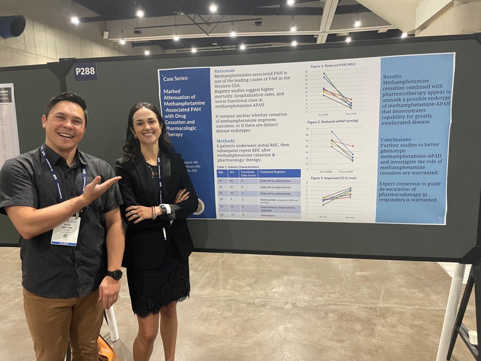Photograph of Dr. Laura Oppegard presenting at ATS. Dr. Grattan supporting