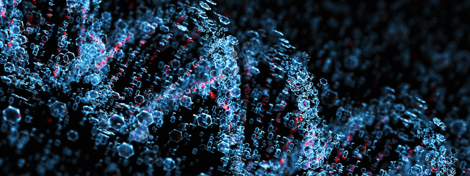 Abstract hexagons form a DNA double helix, suggesting how data reveals hidden patterns.