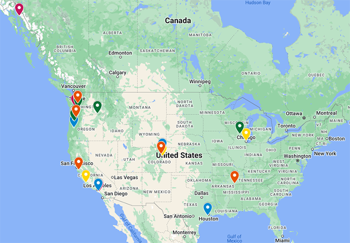 Map of USA with pins designating the hometowns of ortho residents