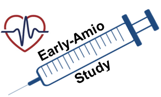Cartoon syringe with text that reads "Early-Amio Study" surrounding it and a cartoon heart in the top left corner. 