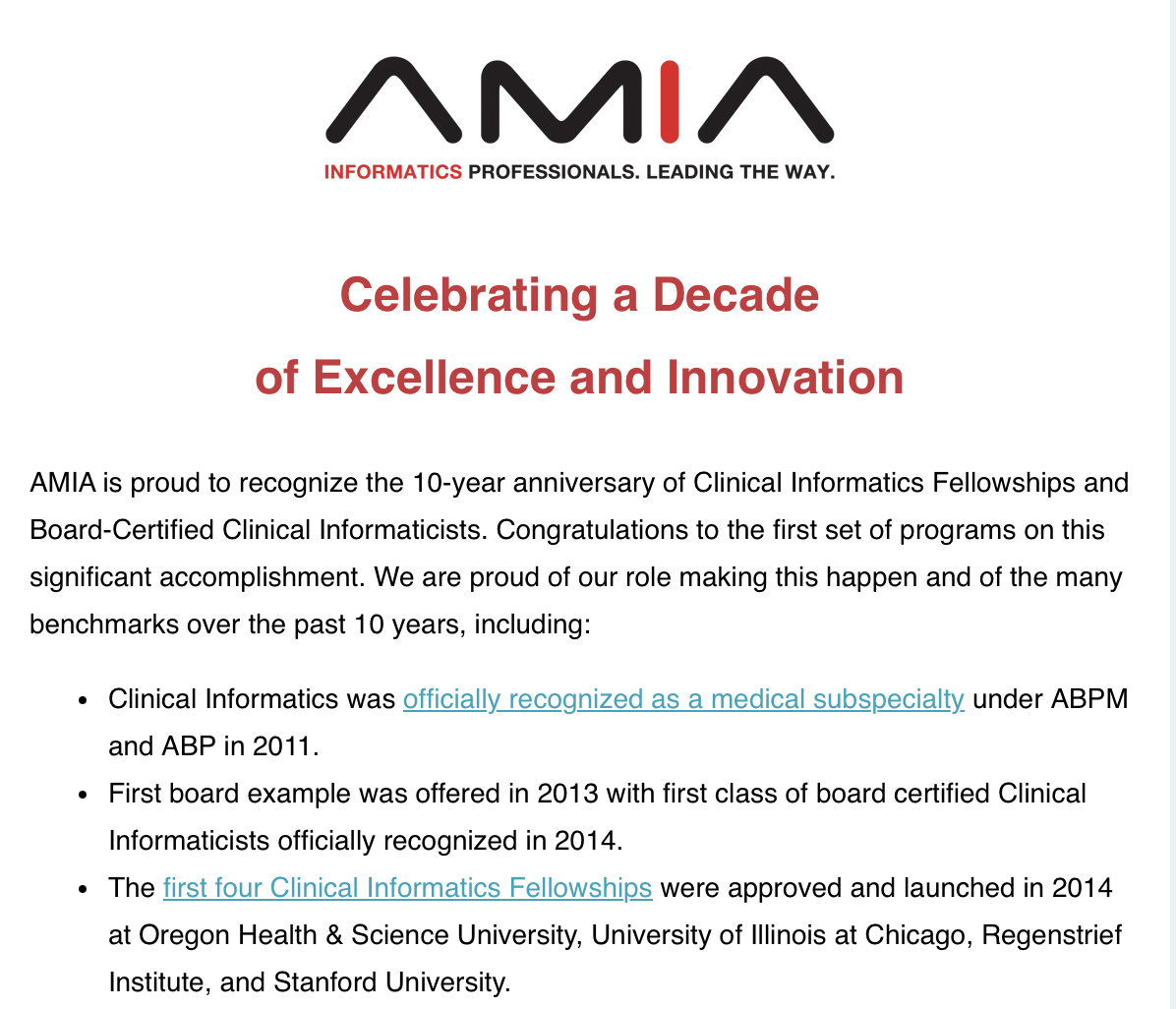 Announcement by AMIA about Clinical Informatics Fellows.