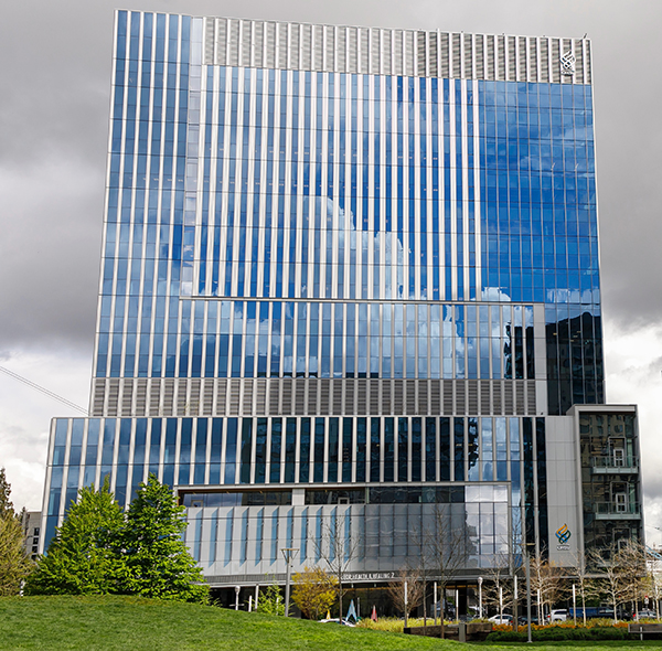 The Center for Health & Healing, Building 2, has a 15-story glass façade. The Center for Health & Healing, Building 2, has a 15-story glass façade.
