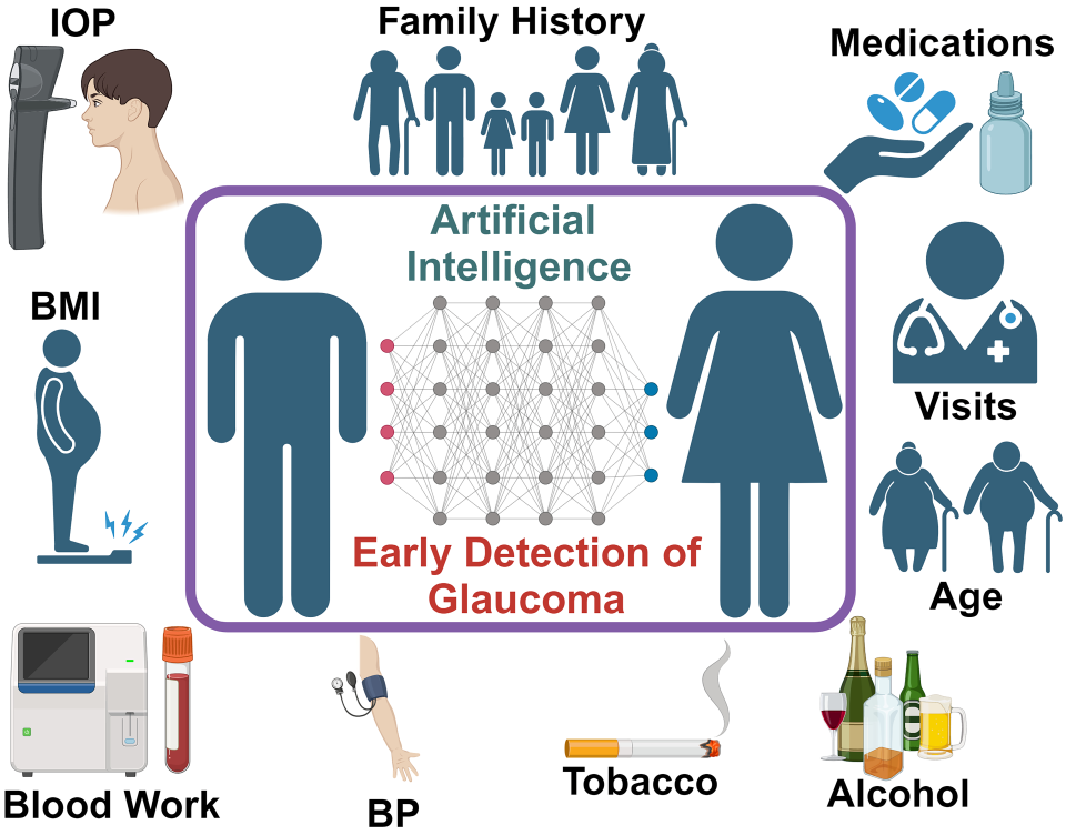 An infographic depicting common health information collected in electronic health records, such as family history, medications, age, and blood pressure.