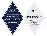 A blue diamond logo that reads "ACS American College of Surgeons Surgical Quality Partner" conjoined to a white diamond logo that reads "ACS MBSAQIP Metabolic and Bariatric Accreditation."