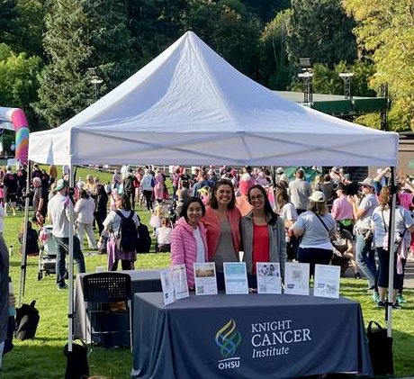 Thuy Ngo, Kiara Siex and Allison Solanki at the Knight Cancer booth at the Komen More than Pink Walk, Aug. 2023.