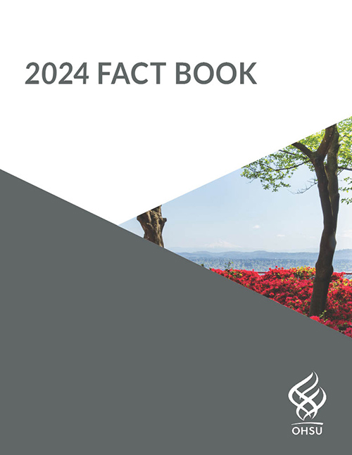 White and gray cover. Text: 2024 Fact Book. Photo: flowering bushes and trees with view of Portland from Marquam Hill in distance