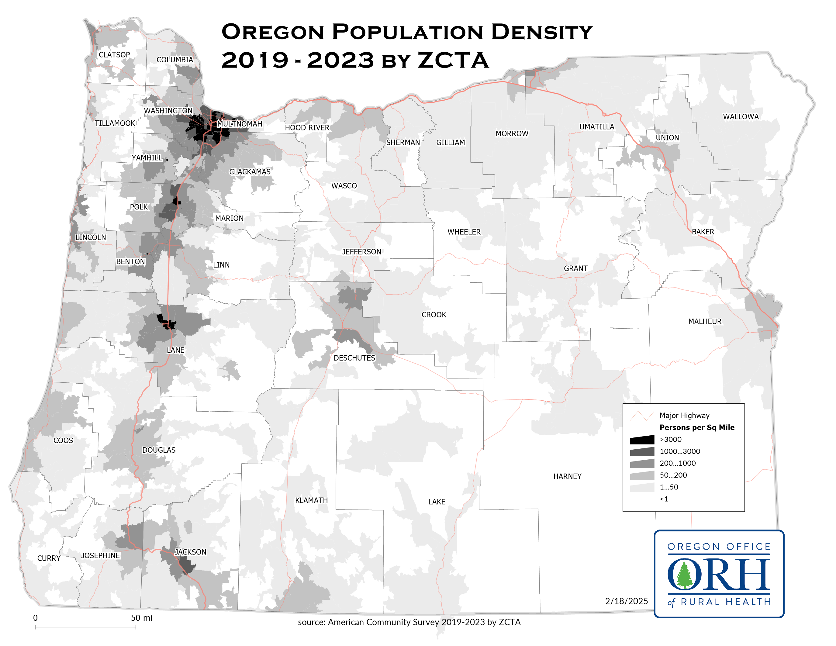 Oregon Population Density Map 2-2025