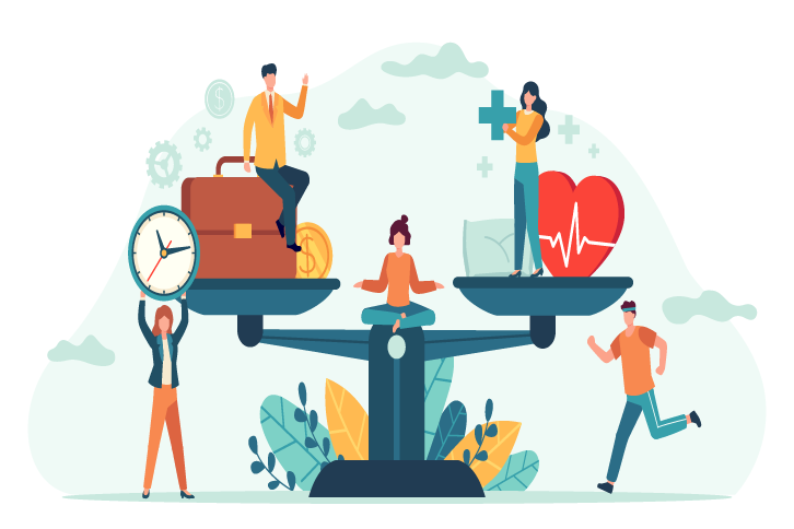 People balance work and health on a scale, with a clock, suitcase, and heart icon. Green background, emphasizing life balance.