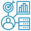 Icon of a graph and bulleye funneled in to a person funneled in to a data server. Intended to represent clinical data management.