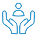 Blue icon of a pair of hands cupped together holding up the head and shoulders of a person. Meant to represent support.