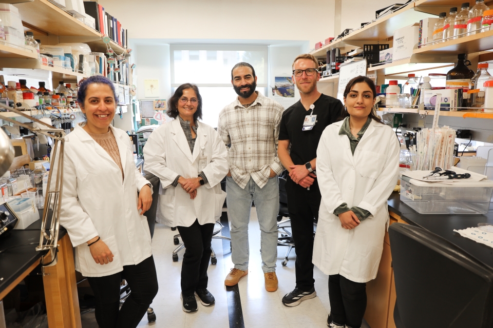 A group of five people stand smiling at the camera in a laboratory setting.