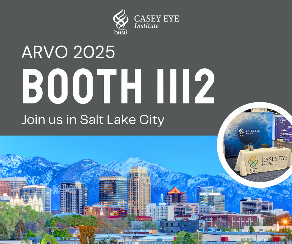 Gray background on the upper half containing the Casey Eye Institute logo with the text "ARVO 2025, Booth 1112, Join us in Salt Lake City." There is a photo of Salt Lake City skyline with mountains in the background along the bottom half.