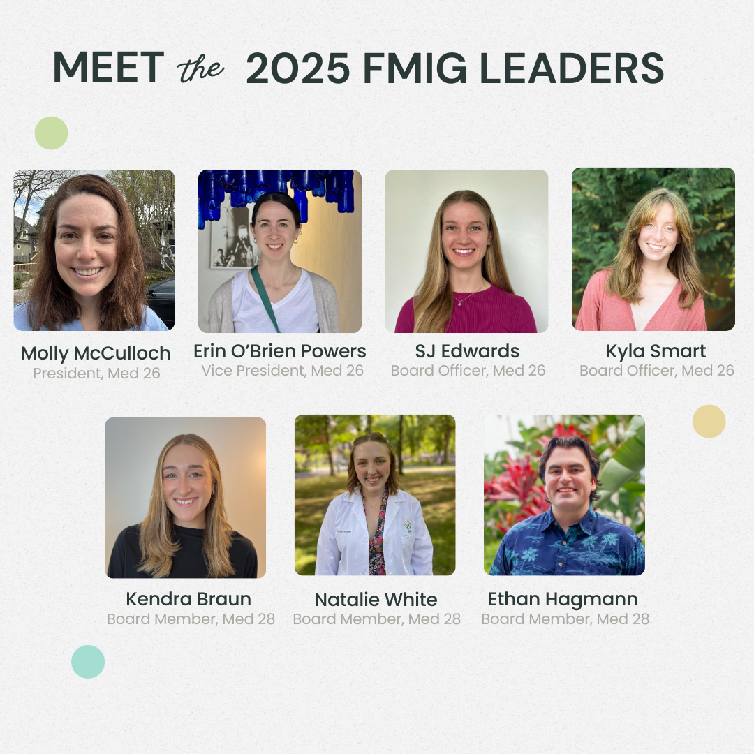Two rows of headshots of the family medicine interest group leaders. 4 headshots on the top row and 2 headshots on the bottom row.