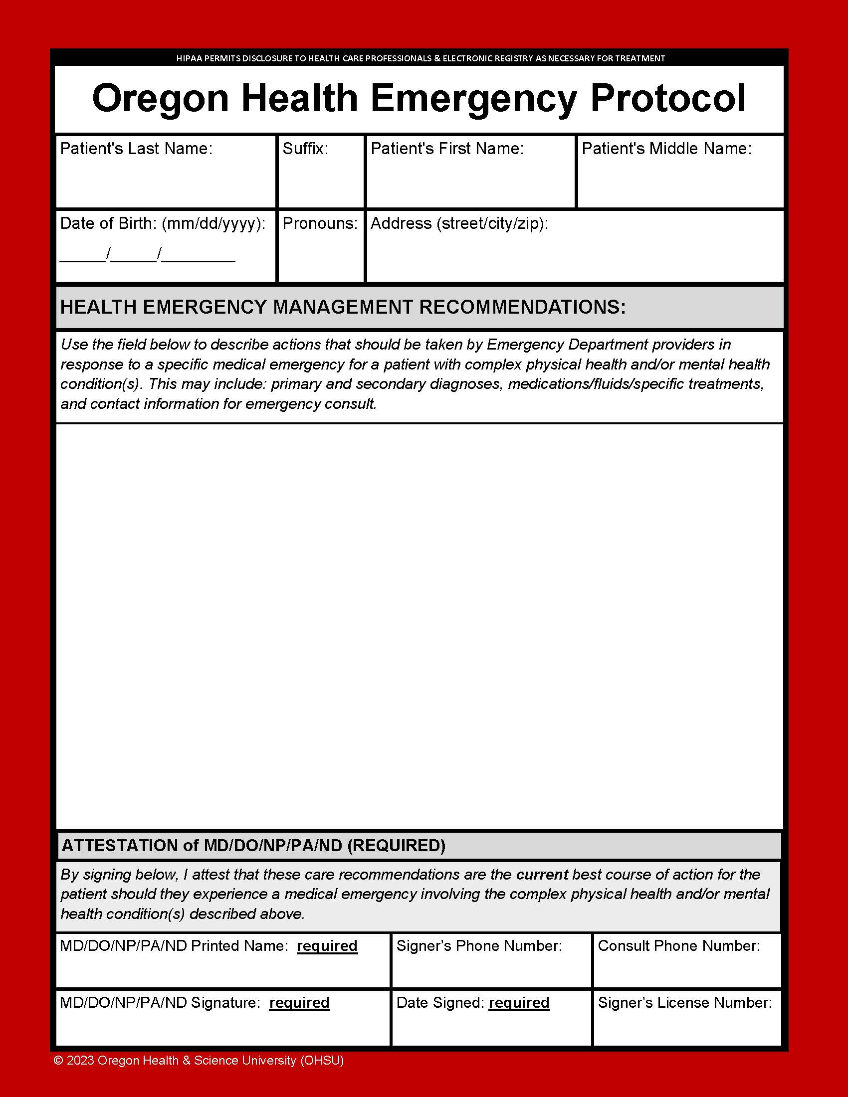 one-page Oregon Health Emergency Protocol form