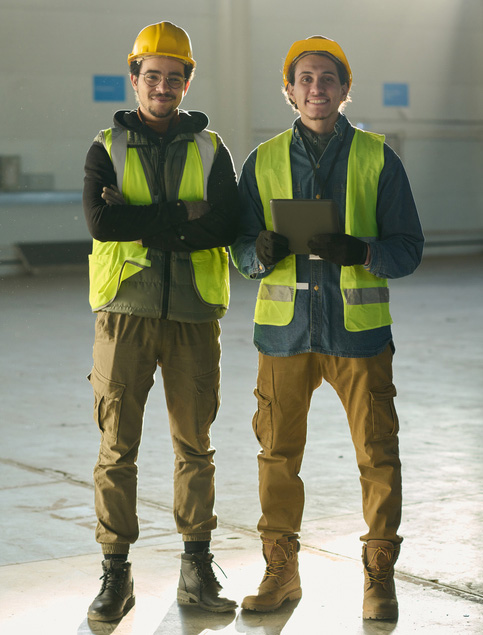 Happy young male colleagues in safety helmets and reflective jackets standing in front of camera in workshop while one of them using tablet