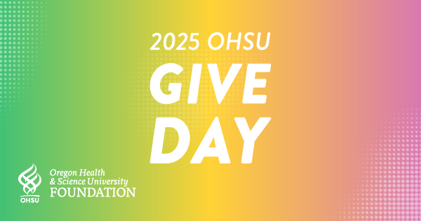 A neon rainbow highlights 2025 OHSU GIVE DAY and OHSU Foundation logos